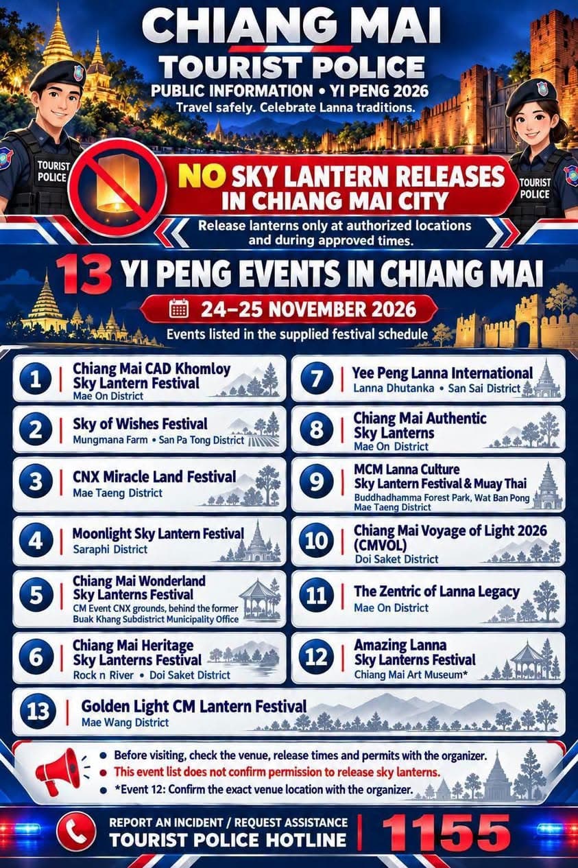 Chiang Mai Tourist Police Public Announcement: Yi Peng Festival 2026